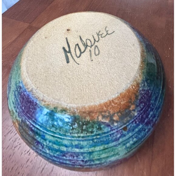 Handcrafted 2010 signed Malsnee Pottery Bowl Multicolor Glaze green purple orang - Picture 12 of 16